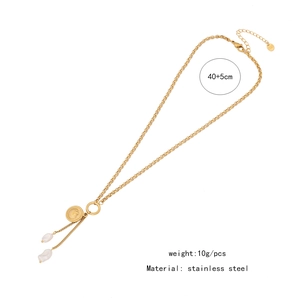 Detail of stainless steel necklace with coin pendant and pearl tassels showing measurements