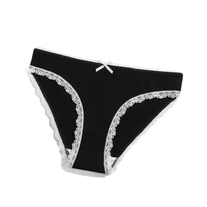 Black cotton ribbed women's panties with white lace trim and bow detail on a white background