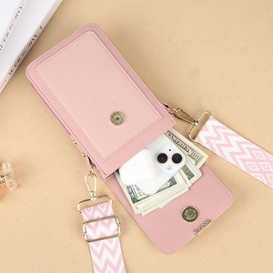 Detail of pink PU leather phone bag interior showing compartments for cash and phone