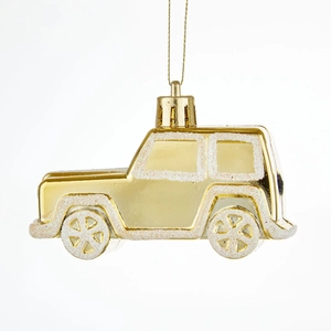 Golden glitter car Christmas ornament with hanging string for festive tree decoration