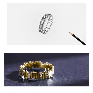 Detailed sketch and photo of a gold geometric ring with micro-pave zirconia accents