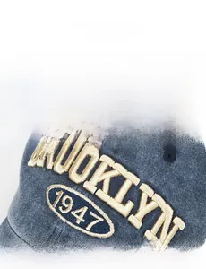 Close-up of 1947 3D embroidery and washed denim texture on this vintage baseball cap