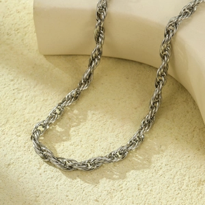 Silver twisted rope chain necklace made of stainless steel with a minimalist modern design