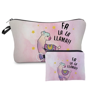 Close-up of pink llama print makeup bag set with durable zippers and portable handles
