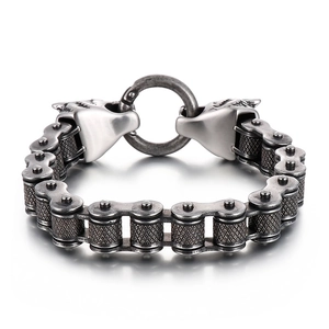 Punk wolf head stainless steel bike chain bracelet with vintage oxidized finish