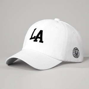 Classic white cotton baseball cap with black LA embroidery and Los Angeles side patch