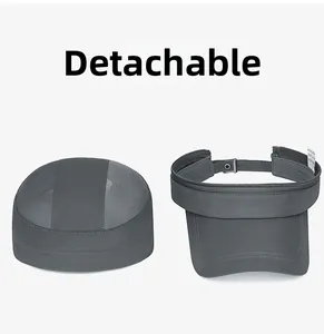 Detail of dark grey detachable sun hat showing zipper and breathable mesh crown