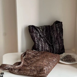 Vintage style oversized woven tote bags in monochrome and brown tweed patterns