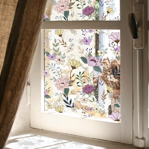 Static cling window film with pink and purple floral patterns for home glass decoration