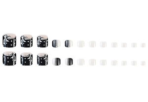 Detailed set of 20 press-on toenails featuring black bows, dots and silver gradients