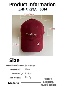 Detailed size chart for cotton baseball cap with embroidered star and dashing logo