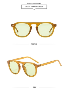 Retro jelly orange sunglasses with light green lenses in front and side detail views
