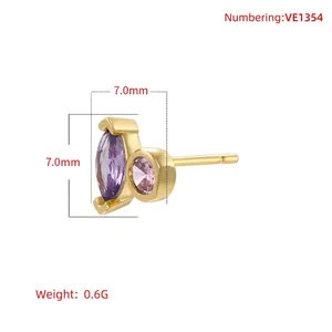 Elegant gold-plated stud earrings with marquise-cut purple cubic zirconia stones