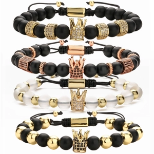 Crown Beaded Bracelet Matte Agate Stone Copper Micro Pave Cubic Zirconia Adjustable Braided Rope Fashion Jewelry Men