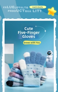 Detail of soft knit star patch and woven label on warm winter gloves for children