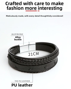 Detail of multi-layer black braided leather bracelet with silver alloy magnetic clasp