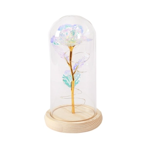 Gold foil rose in glass dome with LED lights and wooden base for romantic gifts