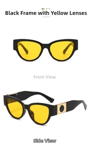 Front and side view of black oval sunglasses with yellow lenses and metal temple detail