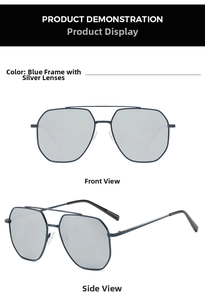 Blue pilot sunglasses with silver mercury lenses showing front and side views