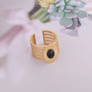 Bague ajustable en acier inoxydable doré à plusieurs couches avec pierre noire ovale
