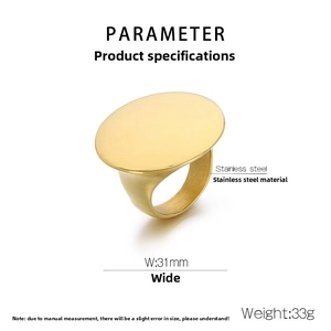 Technical specifications of chunky 31mm wide 18k gold plated stainless steel signet ring