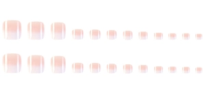 Detail of 24pcs gradient pink and white artificial press-on toenails on plain background