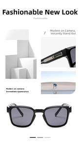 Detail of square black sunglasses featuring elegant gold arrow metal temple accents