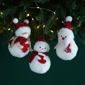 Plush Christmas tree ornaments set with Santa, Snowman and Girl in red and white