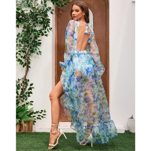 Floral V-neck long sleeve one-piece swimsuit with ruffle hem and open back for beach vacation
