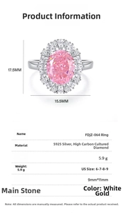 Macro view of S925 silver ring with oval pink carbon diamond and detailed size specifications