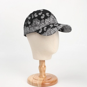 Detailed close-up of paisley pattern on a black hard-top baseball cap made of cotton canvas