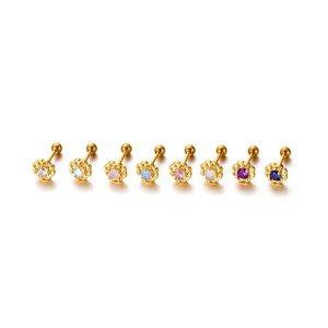 Golden flower earrings with colorful zircon stones and screw ball back closure in 8 colors