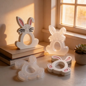 DIY Easter rabbit silicone mold with finished resin bunny crafts in soft natural light