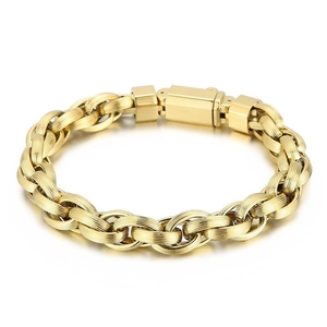 Golden woven O-chain bracelet for men with rectangular buckle on white background