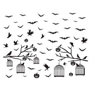 Halloween wall stickers featuring pumpkin lanterns bats crows and birdcage silhouettes