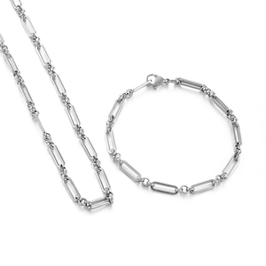 Parure bijoux en acier titane argenté avec collier à maillons rectangulaires et bracelet
