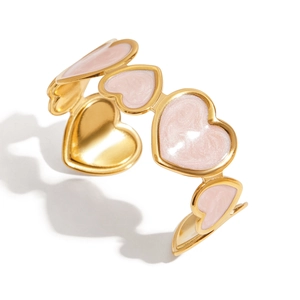 18K gold-plated stainless steel open cuff bracelet with pink enamel heart design