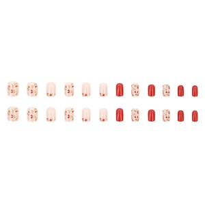 24pcs short square floral press-on nails in red and pink mirror powder finish