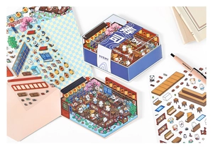 Detail of 3D miniature Japanese sushi shop DIY paper stickers and scene puzzle kit