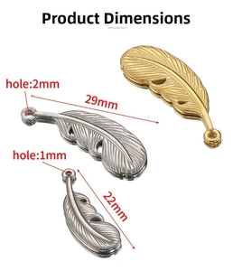 Detailed size specifications for vintage stainless steel feather pendants in gold and silver