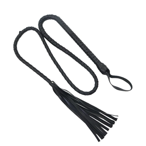 Handcrafted black leather braided whip with wrist loop and tassel for masquerade costumes