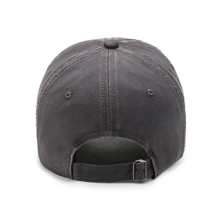 Rear view of dark grey cotton baseball cap with adjustable metal buckle closure