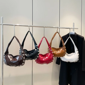 Y2K punk style hobo bags with silver rivet studs in five glossy colors for women