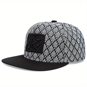 Vintage camo snapback hat with grey jacquard patterns and black embossed logo patch