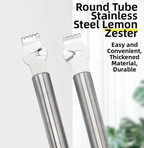Detail of thickened stainless steel lemon zester tool with durable round handle