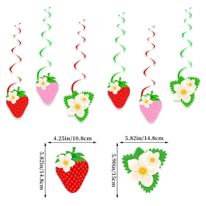 Strawberry birthday party swirls with dimensions of red fruit and floral cutouts