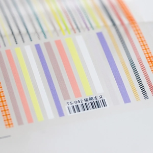 Minimalist 5D nail art stickers TS-042 featuring pastel stripes and orange plaid lines