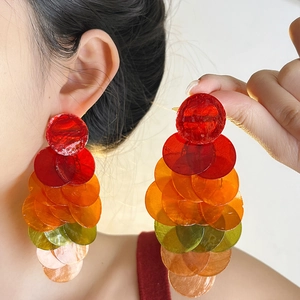 Close-up of long layered round shell earrings showing vibrant colorful gradient fringes