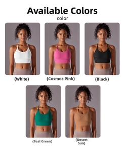 Selection of double-sided nylon sports bras in White, Pink, Black, Teal, and Desert Sand