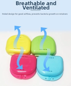 Perforated orthodontic retainer boxes in four bright colors for hygiene and breathability